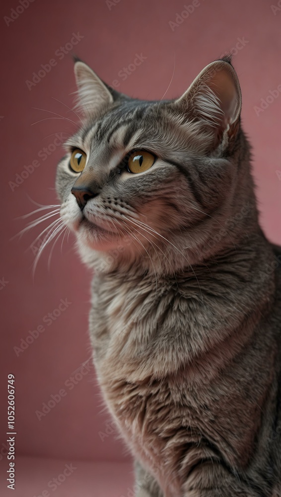 Fototapeta premium Serious gray cat on a pink background.