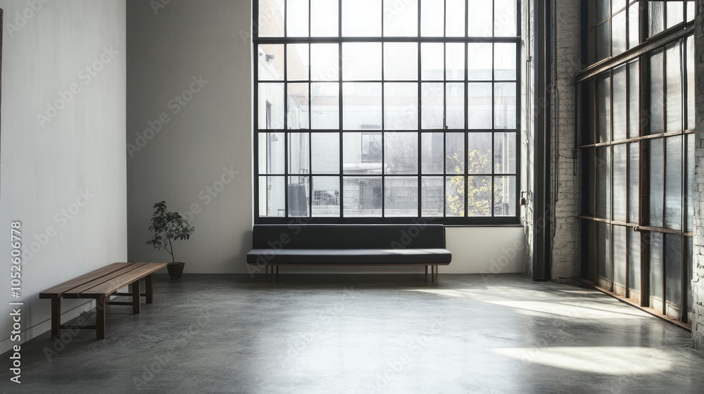 Obraz premium A minimalist industrial living room with a large metal-framed window, raw concrete floors, a dark gray sectional, and a simple wooden bench