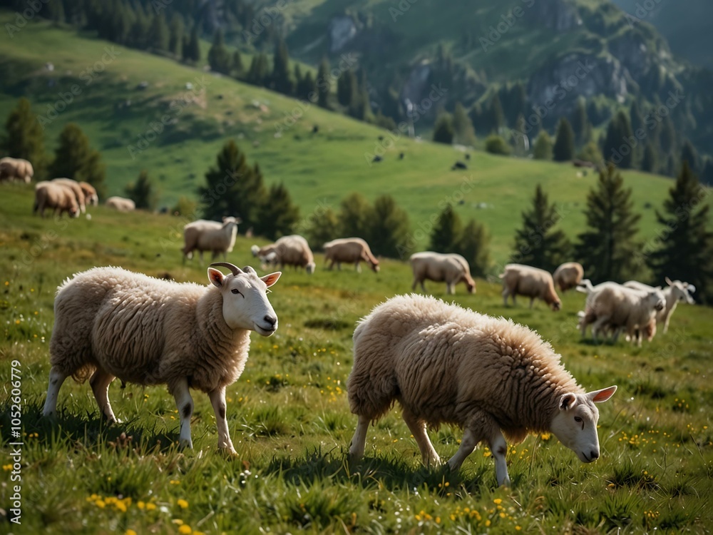 Obraz premium Sheep and goats grazing on a mountain pasture.