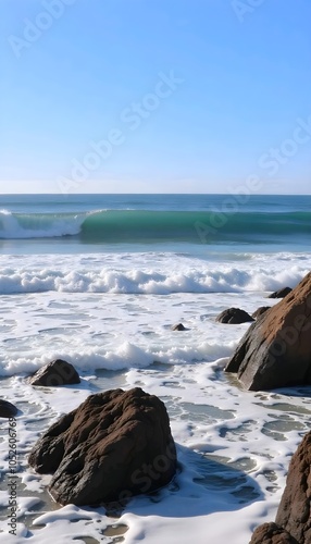 A rocky coastline with a clear blue sky and crashy waves photo