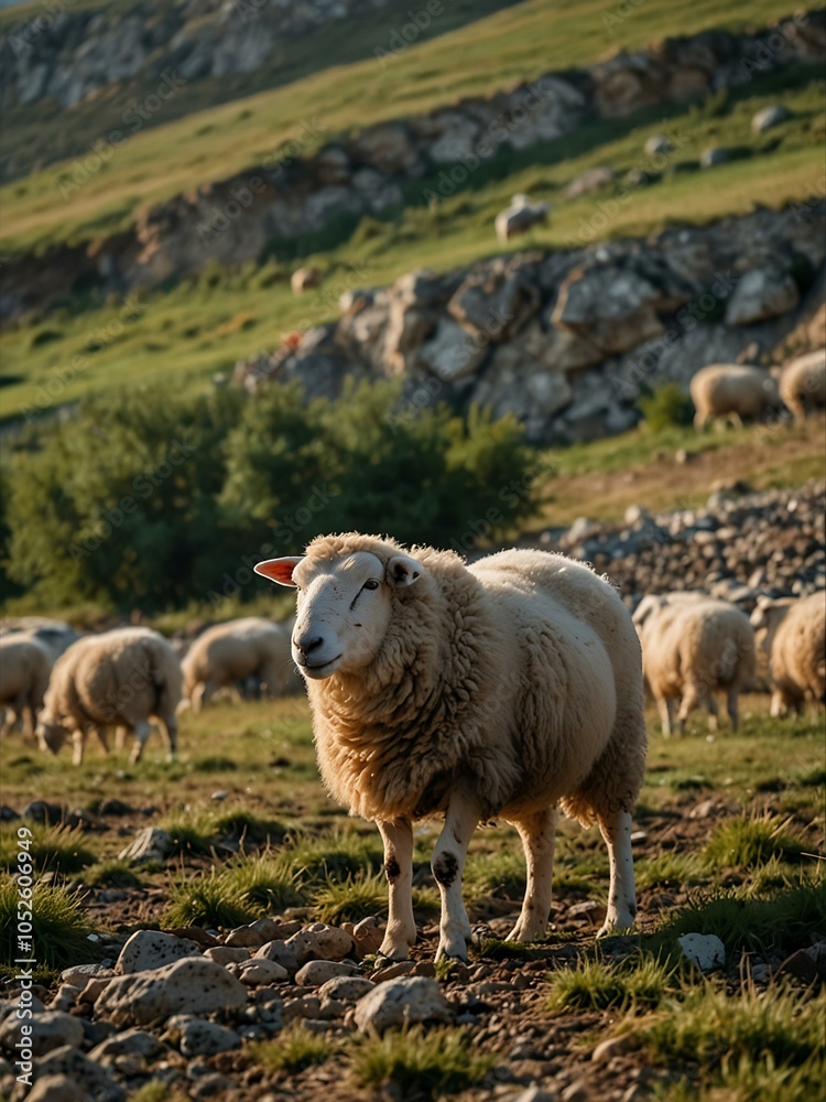 Fototapeta premium Sheep grazing on rocky terrain in Moldova.