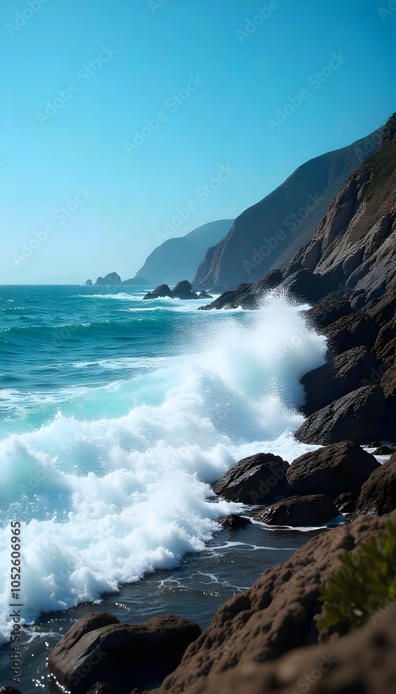 Obraz premium The waves crash on a rocky coastline with a clear blue sky in the background
