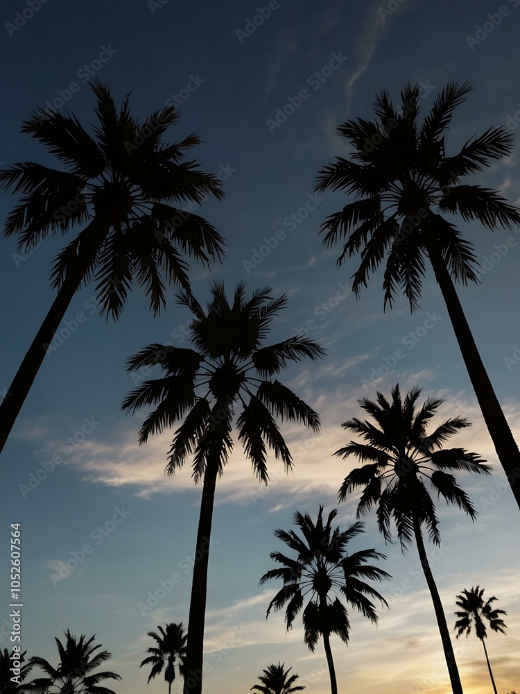 Obraz premium Silhouetted palm trees against the sky.