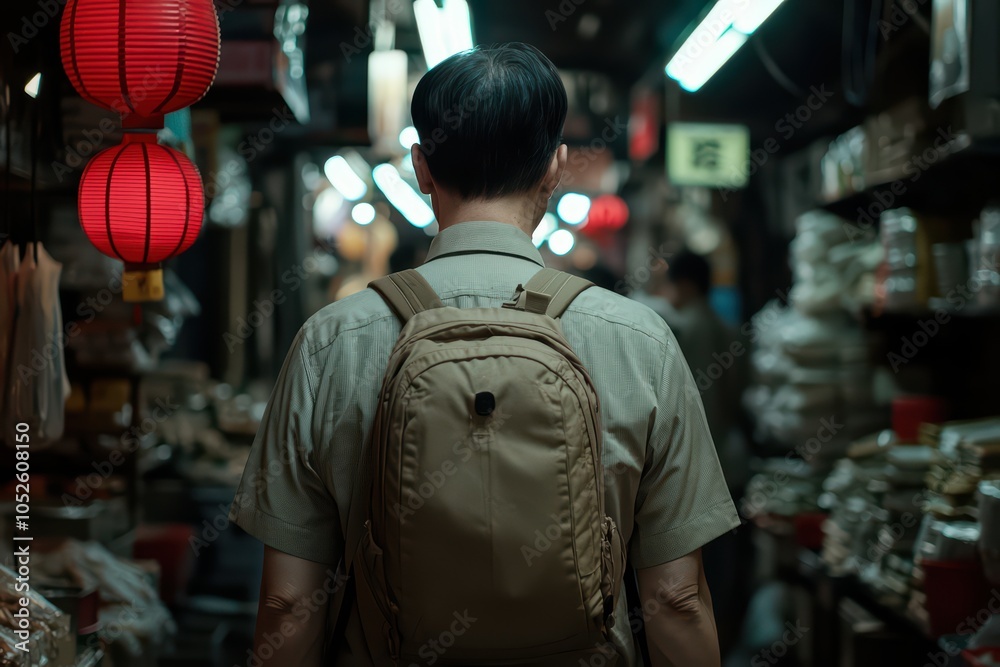 Obraz premium Individual exploring an indoor market, surrounded by vibrant lanterns and various products.