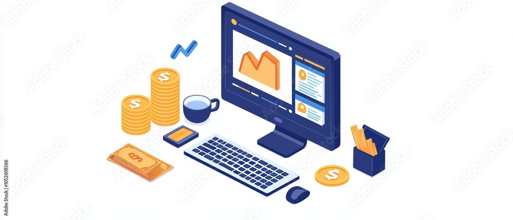 Laptop and financial analysis with money and graphs on the screen, white isolate background. Laptop and financial analysis with money and graphs on the screen, white isolate background.