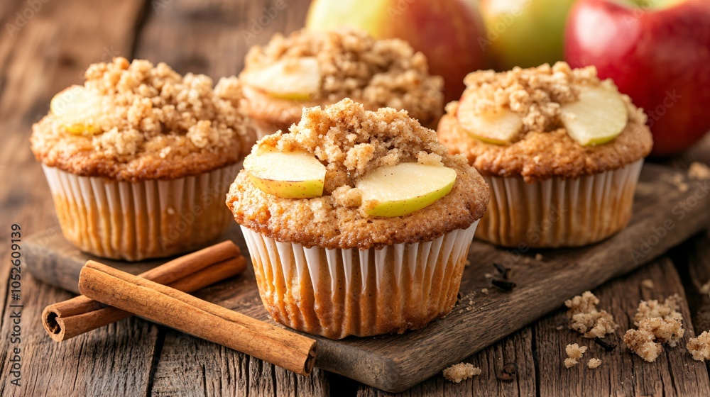 Apple cinnamon muffins with a crumble topping, isolated on a wooden surface, with apple slices and cinnamon sticks for garnish