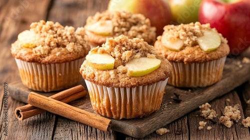 Apple cinnamon muffins with a crumble topping, isolated on a wooden surface, with apple slices and cinnamon sticks for garnish