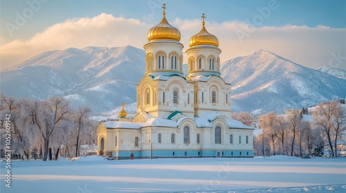 A white church with gold domes stands in a snowy field with mountains in the background.