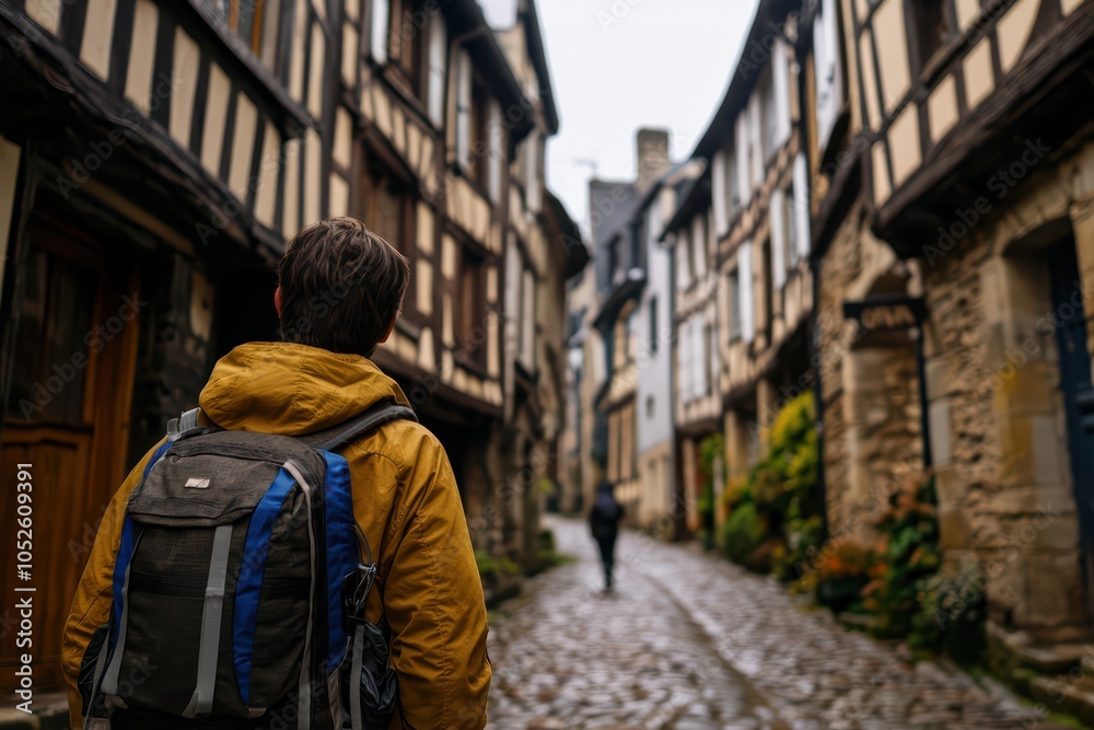 Person exploring a charming cobblestone street in a historic village, surrounded by traditional timber-framed houses. Person exploring a charming cobblestone street in a historic village, surrounded by traditional timber-framed houses.