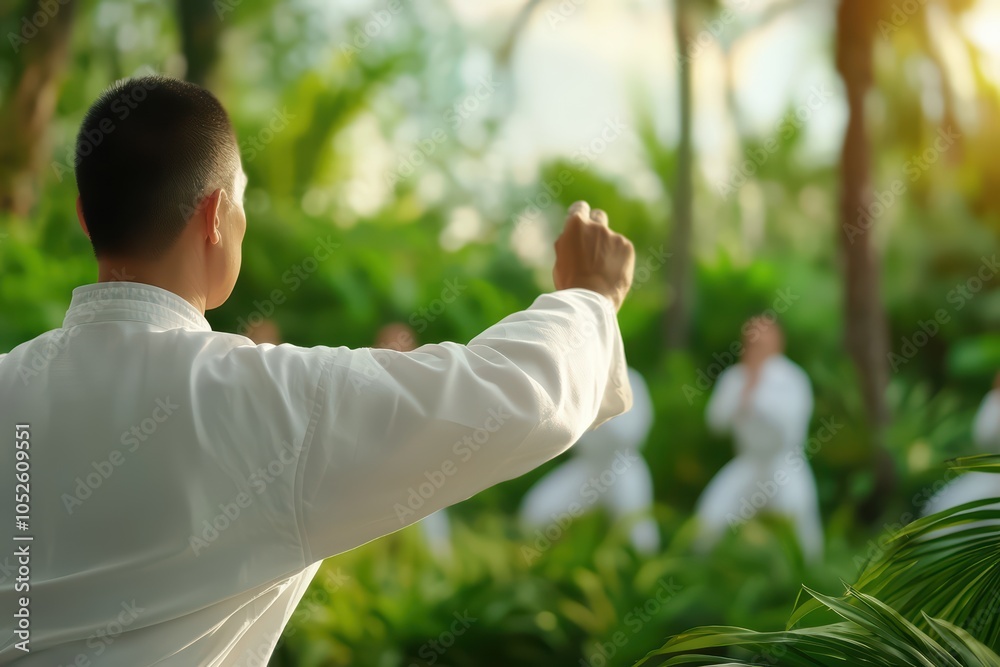 Person practicing Tai Chi in a lush green environment, promoting mindfulness and tranquility. Person practicing Tai Chi in a lush green environment, promoting mindfulness and tranquility.