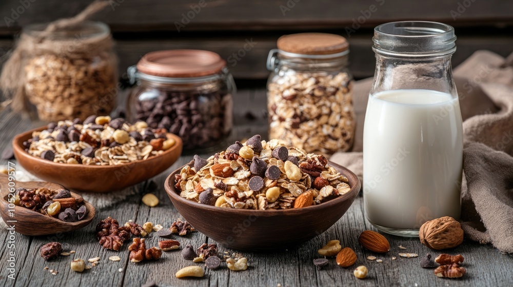 Muesli cereal with chocolate chips and nuts displayed in jars and a bowl accompanied by a bottle of milk on a wooden surface Muesli cereal with chocolate chips and nuts displayed in jars and a bowl accompanied by a bottle of milk on a wooden surface