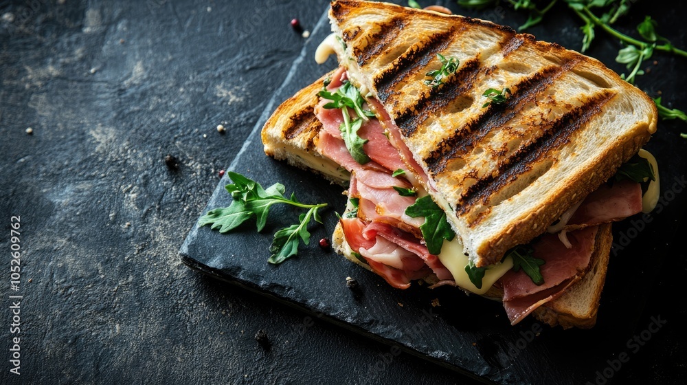 Delicious toasted sandwich filled with ham and cheese A nutritious summer meal idea with ample space for text Delicious toasted sandwich filled with ham and cheese A nutritious summer meal idea with ample space for text