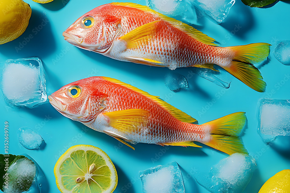Naklejka premium Rouget, poisson frais avec citron et glace