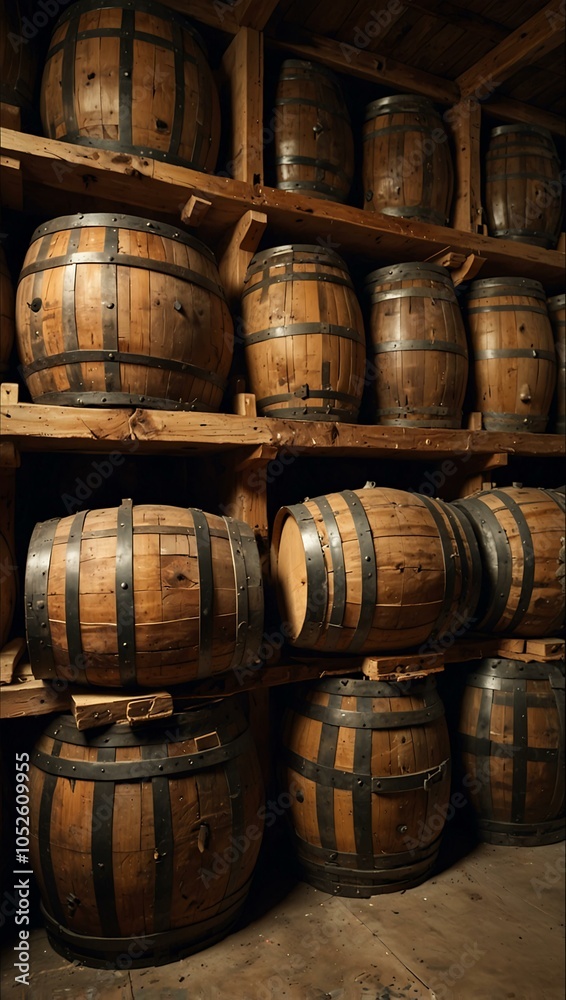 Storage racks filled with old wooden barrels. Storage racks filled with old wooden barrels.