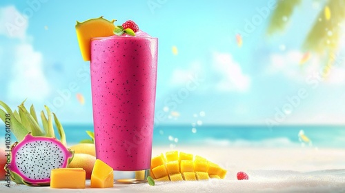   A pink drink sits atop a sandy beach beside a cut-up pineapple and a fruit piece photo