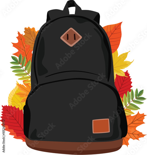 Illustration of black backpack for school with autumn leaves isolated on white background
