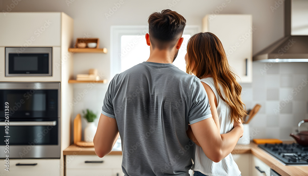 Young man with two women hugging in kitchen, back view. Polyamory concept isolated with white highlights, png Young man with two women hugging in kitchen, back view. Polyamory concept isolated with white highlights, png