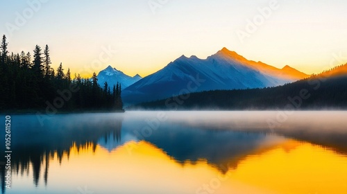  A serene lake with majestic mountains in the distance, surrounded by lush trees, and set against a backdrop of vibrant yellow sky