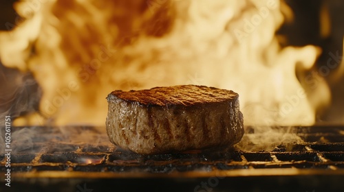 Grilled Steak with Flames and Smoke Background