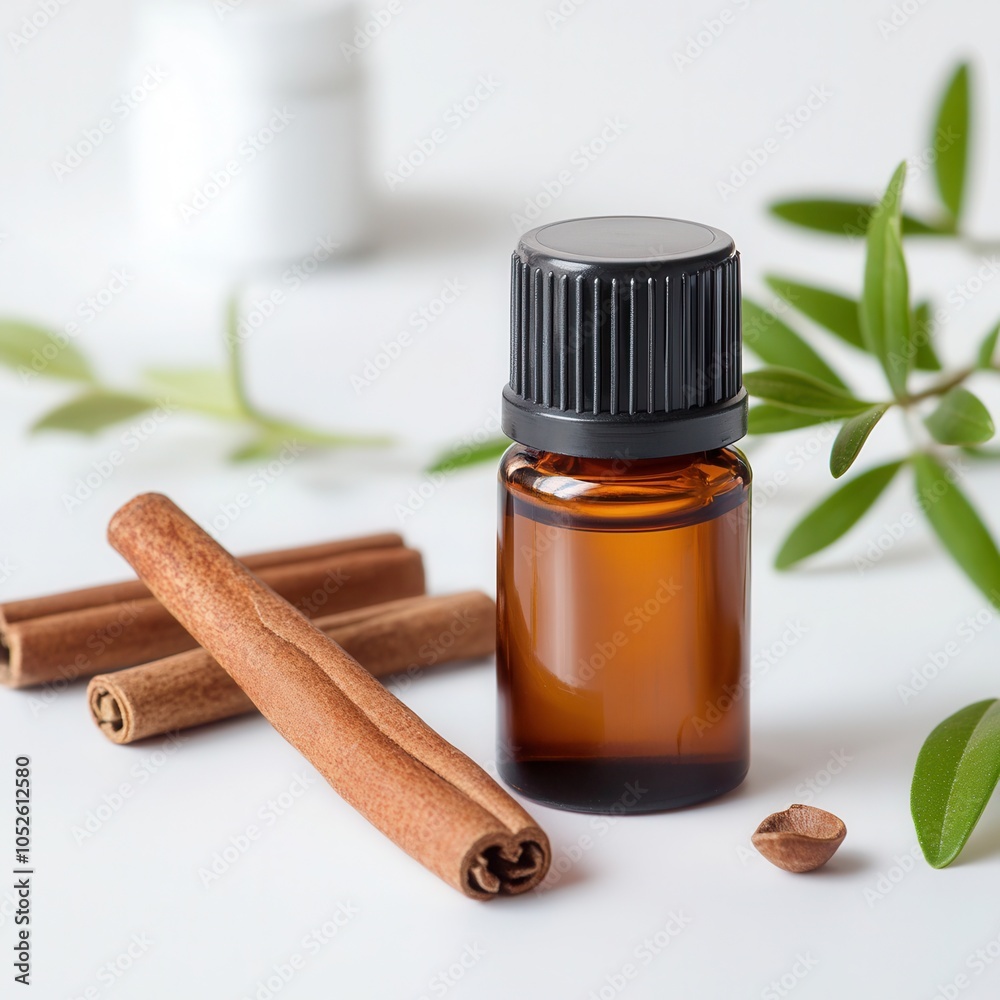 Cinnamon oil in a small dark bottle with cinnamon sticks and fresh green leaves on a white background Cinnamon oil in a small dark bottle with cinnamon sticks and fresh green leaves on a white background