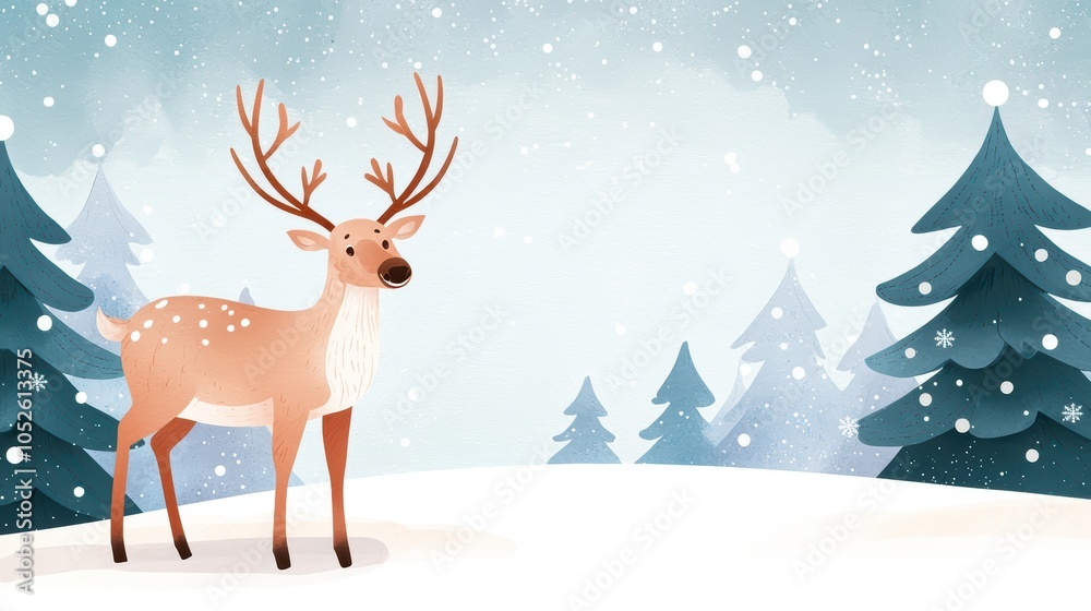 A charming deer standing in a snowy landscape with pine trees and a soft blue sky. A charming deer standing in a snowy landscape with pine trees and a soft blue sky.