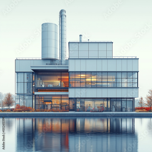 Modern Industrial Building with Glass Exterior by a Lake