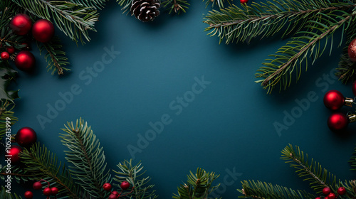 Green pine branches with red ornaments, pinecones, and berries frame a teal background, creating a festive Christmas border