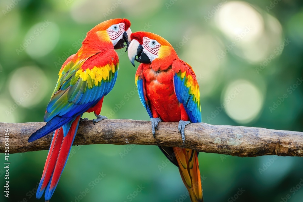 Pair of Scarlet Macaws Perched on Tree Branch in Lush Tropical Jungle Pair of Scarlet Macaws Perched on Tree Branch in Lush Tropical Jungle