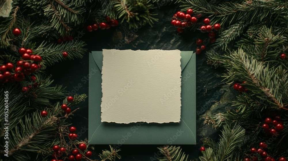 A blank, textured paper set on a green envelope surrounded by Christmas greenery and berries, perfect for holiday cards, invitations, or festive messages.