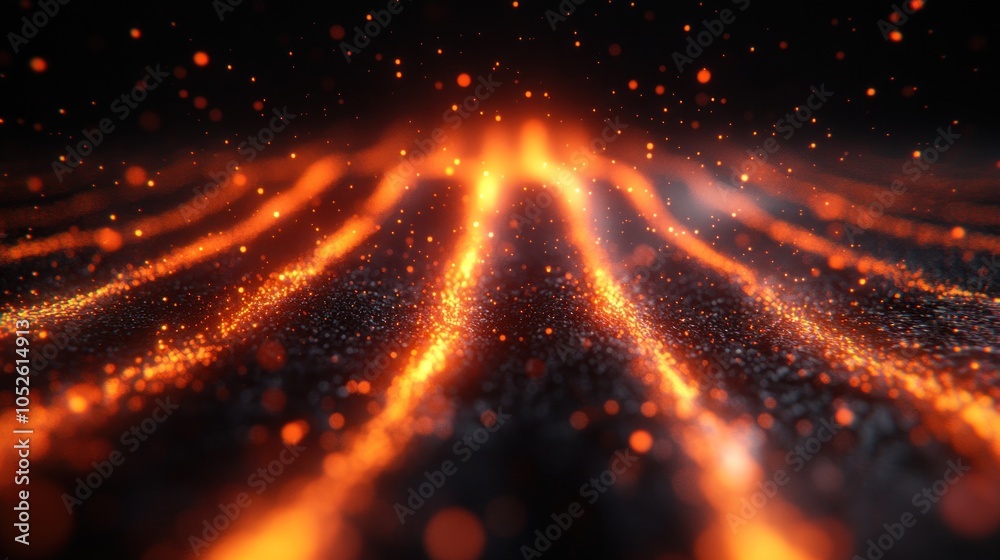 Fototapeta premium Abstract glowing orange lines and particles on dark background.
