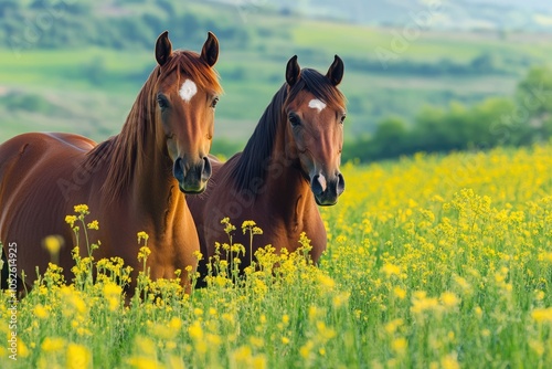 Pair of Stallions in Lush Meadow with Bright Yellow Flowers