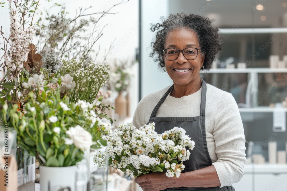 Smiling woman in florist shop surrounded by vibrant flowers and natural light Smiling woman in florist shop surrounded by vibrant flowers and natural light