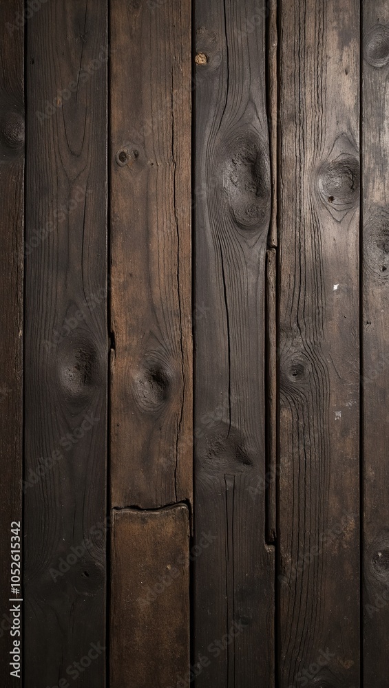 Naklejka premium Aged rustic barn floor with dark wooden planks knots grain and small gaps