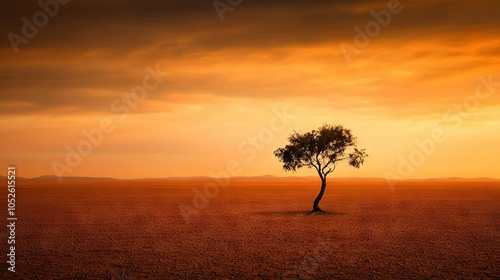  A solitary tree stands isolated amidst the desolate expanse, with the setting sun casting its glow upon the distant mountains