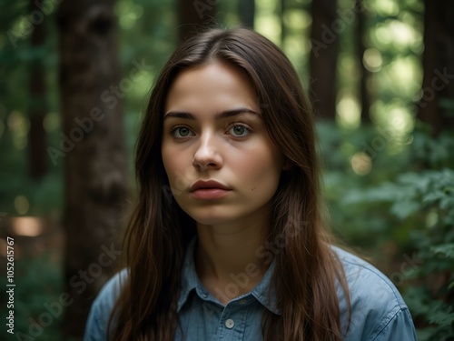 Thoughtful young woman in a forest with a gentle expression.