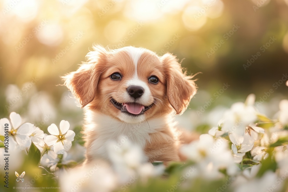 Adorable Brown Puppy in a Field of Spring Flowers Adorable Brown Puppy in a Field of Spring Flowers