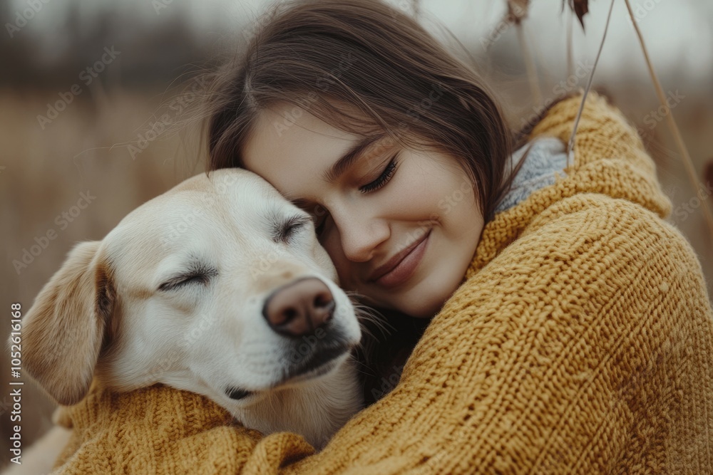 A Caucasian Woman with Her Adorable Brown Dog in a Cosy Yellow Sweater