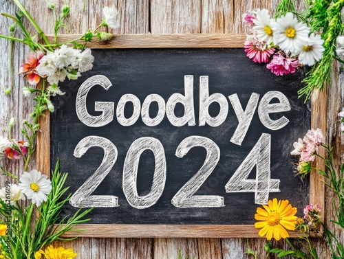 Goodbye 2024 chalkboard surrounded by colorful flowers celebrating new year photo