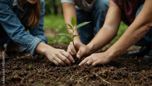 Two individuals planting a small tree sapling together.