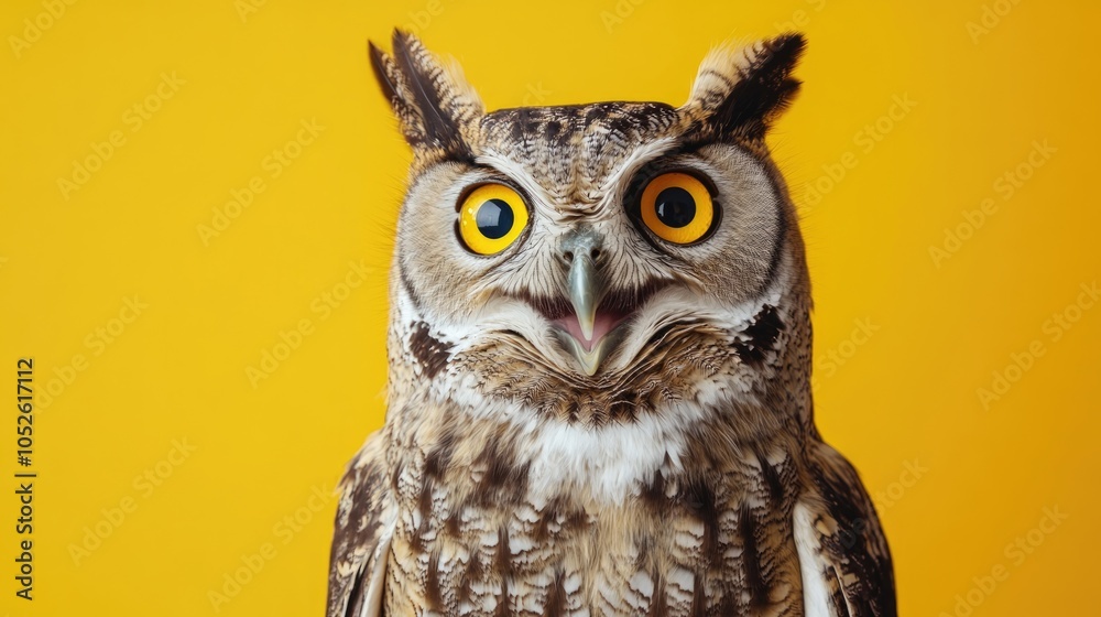 Obraz premium Surprised owl in a studio portrait set against a vibrant yellow background