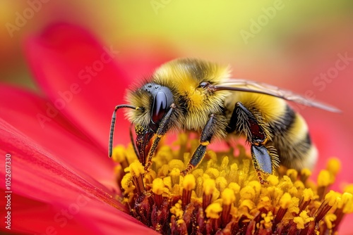 Vibrant Bee Pollinating a Blossoming Flower in Sunlit Meadow