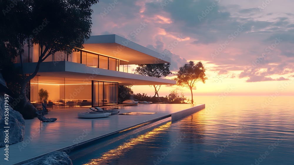 Breathtaking water views from modern oceanfront villa at sunset creating stunning scene picture Breathtaking water views from modern oceanfront villa at sunset creating stunning scene picture