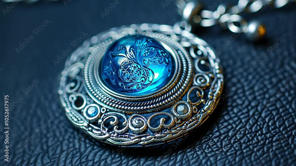 A silver necklace with a blue, ornate pendant sits on a dark, textured surface A silver necklace with a blue, ornate pendant sits on a dark, textured surface