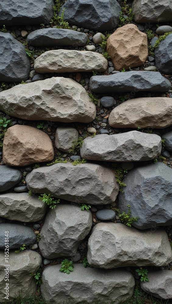 Rugged fieldstone wall with rough surfaces and green plants peeking through cracks Rugged fieldstone wall with rough surfaces and green plants peeking through cracks