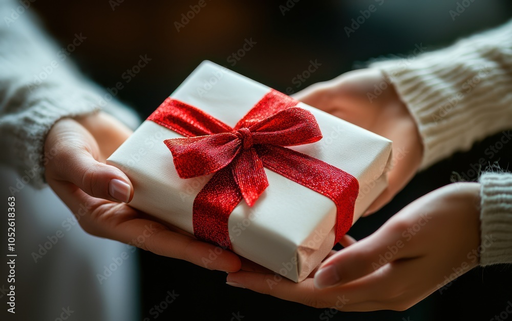 Close-up of hands exchanging a beautifully wrapped gift with red ribbon, representing the spirit of giving and celebration during special occasions like Christmas or birthdays