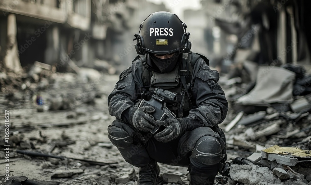 A journalist in war-torn rubble. A journalist in war-torn rubble.
