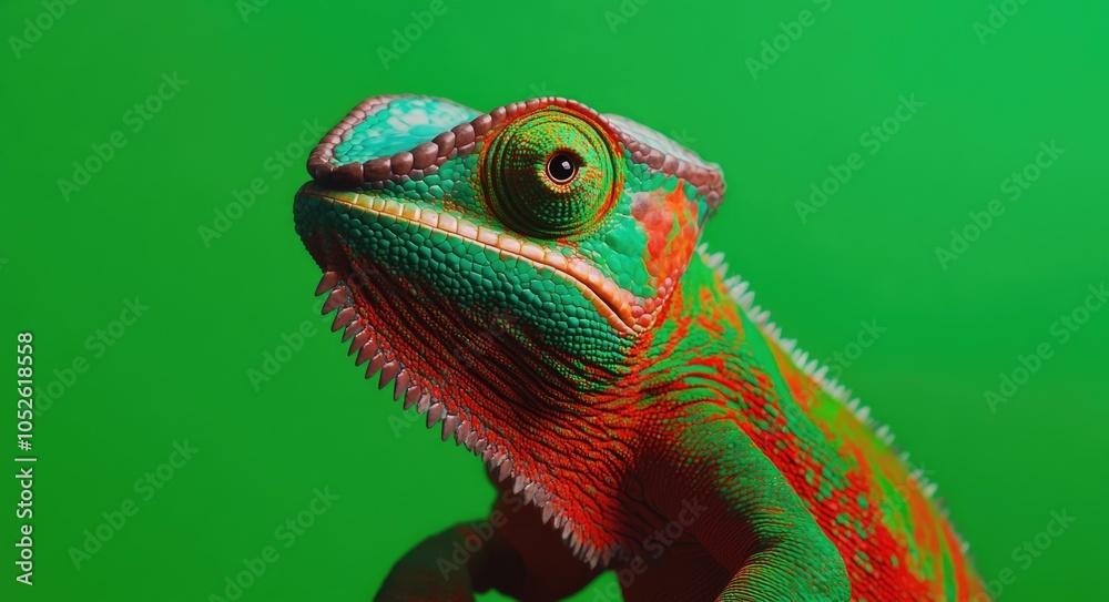 Fototapeta premium Colorful Chameleon in Tropical Habitat, Close-up View on Tree Branch