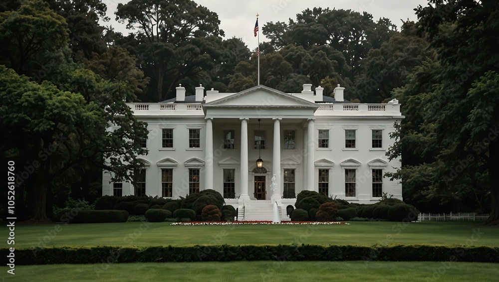 Obraz premium White house surrounded by trees.