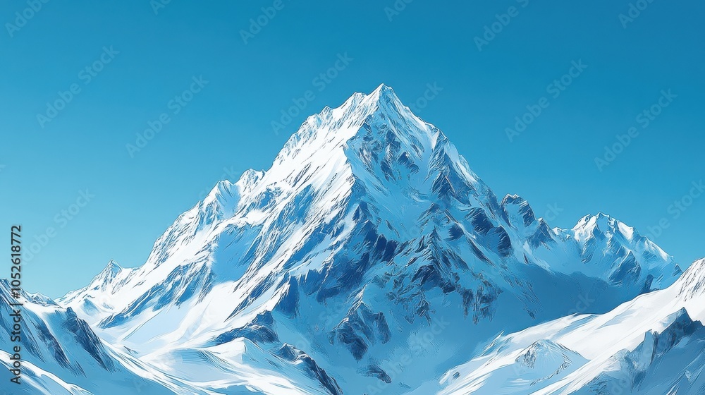 Obraz premium Artistic representation of an icy mountain peak against a clear blue sky, emphasizing the majesty and beauty of winter landscapes.