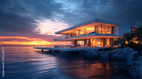 Modern oceanfront villa featuring breathtaking sunset views over serene water surface picture